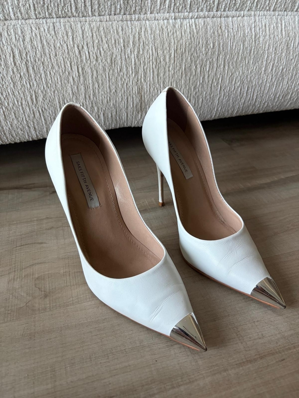 Saks Fifth Avenue White Pointed Toe Stiletto Pumps with Metallic Cap - Picture 2 of 7